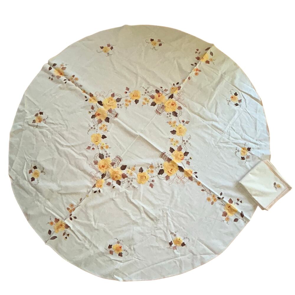 Vintage Hand-Embroidered Tablecloth with 8 Napkins Floral Linen Textile